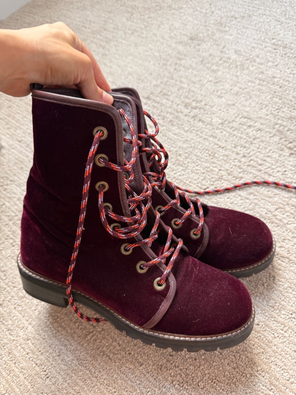 Stuart Weitzman Burgundy Velvet Lace-Up Combat Boots